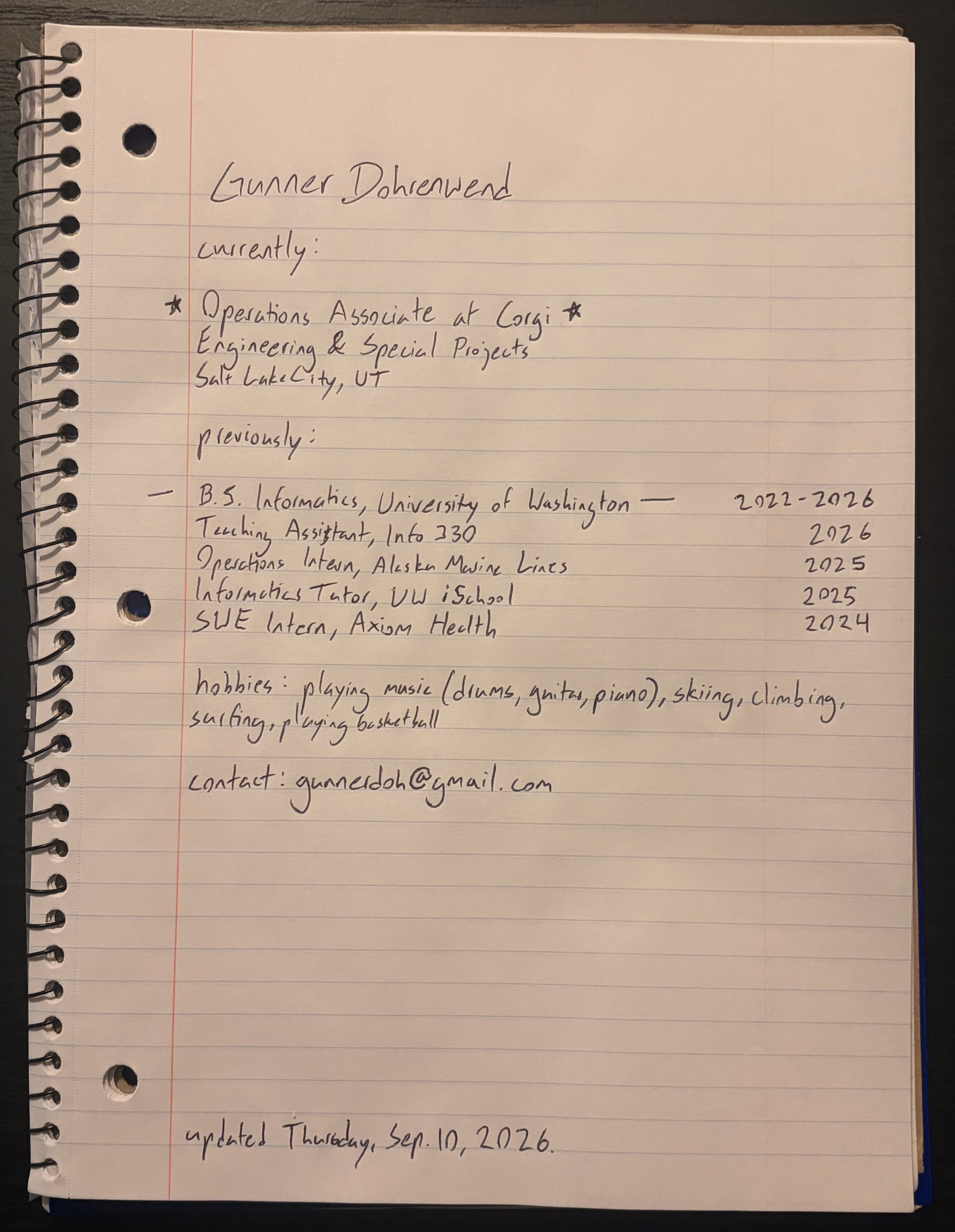 Handwritten portfolio of Gunner Dohrenwend, with work experience, education, hobbies, and contact information.